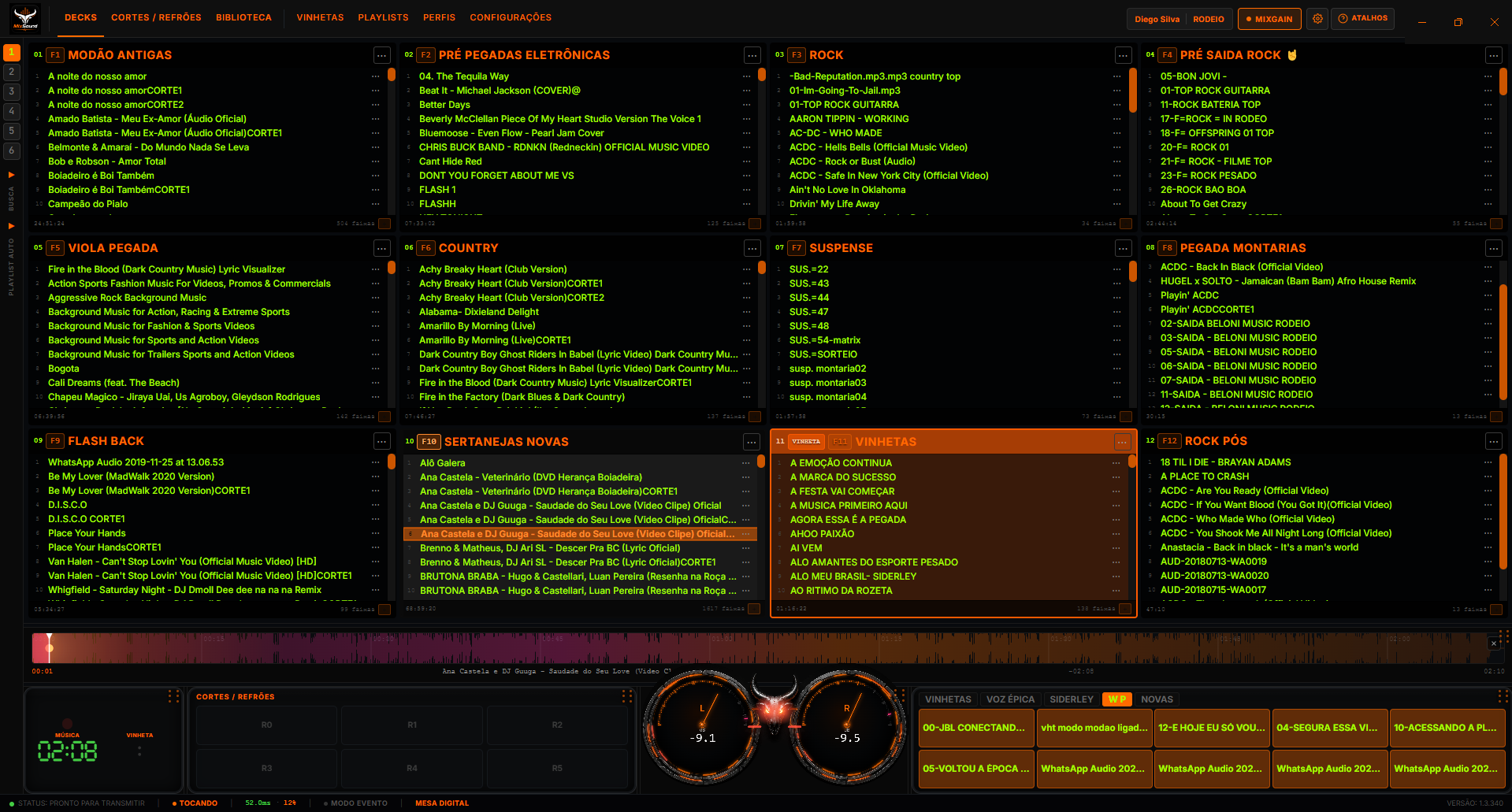 Interface principal - decks, VU circular e cartucheiras