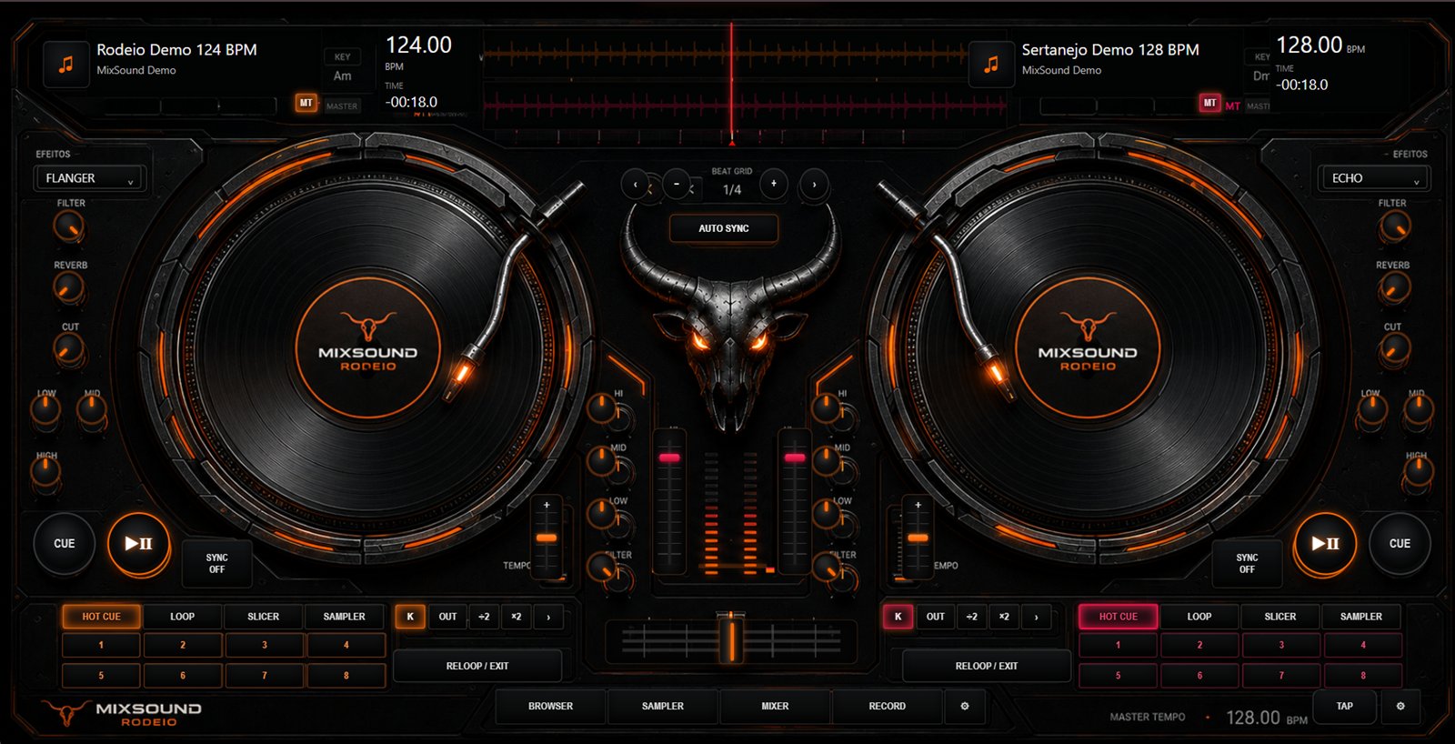 Deck DJ - dois pratos com efeitos, EQ, hot cues, loop, slicer e sampler