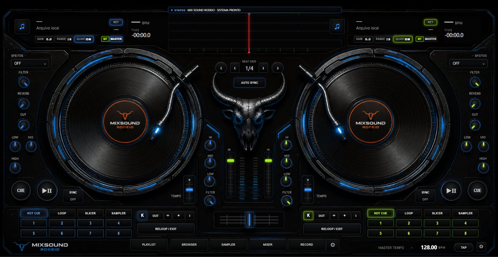 Deck DJ - tema azul com BPM, tempo, beat grid e crossfader