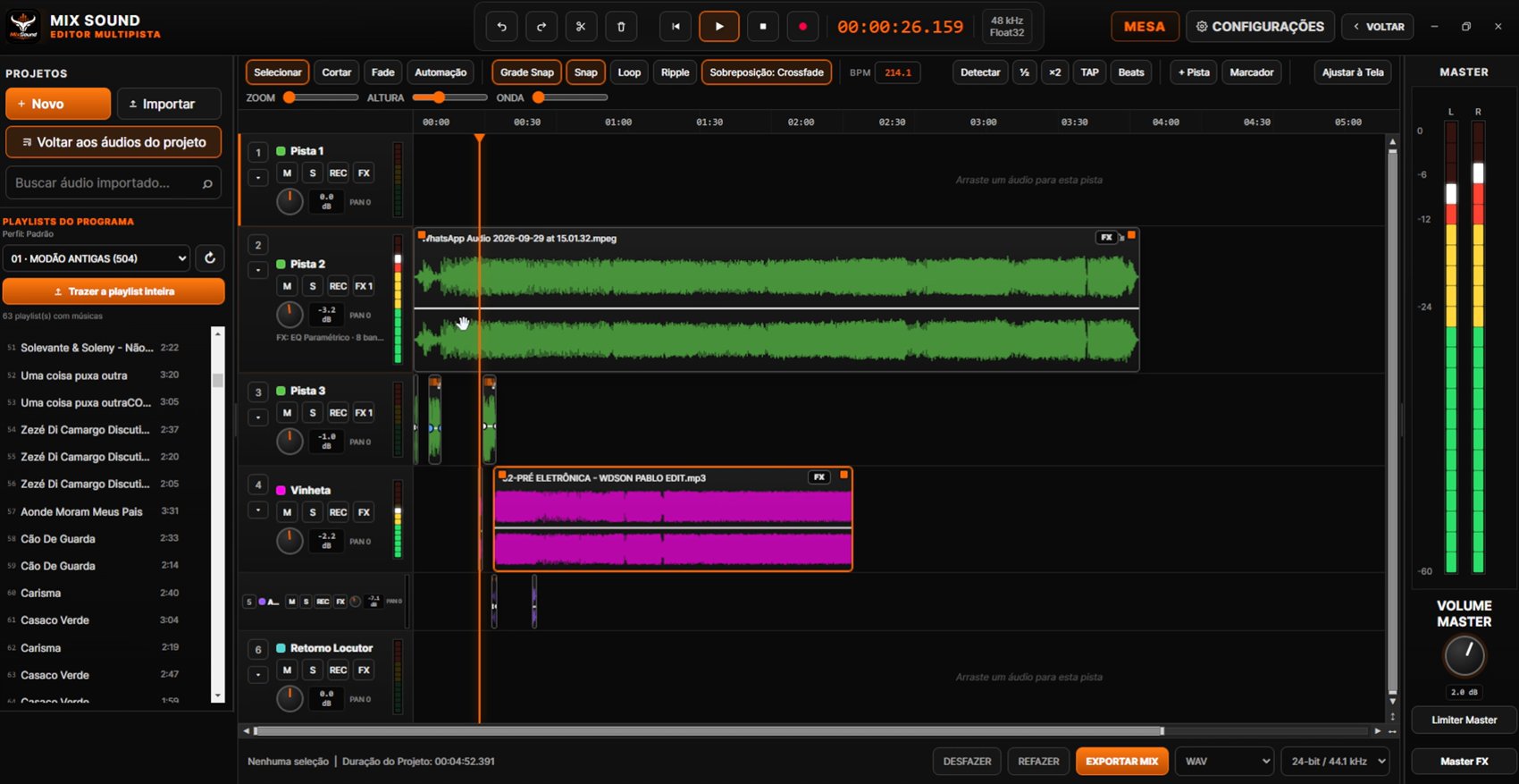 Editor multipista - pistas com formas de onda, ferramentas de edição e exportação do mix