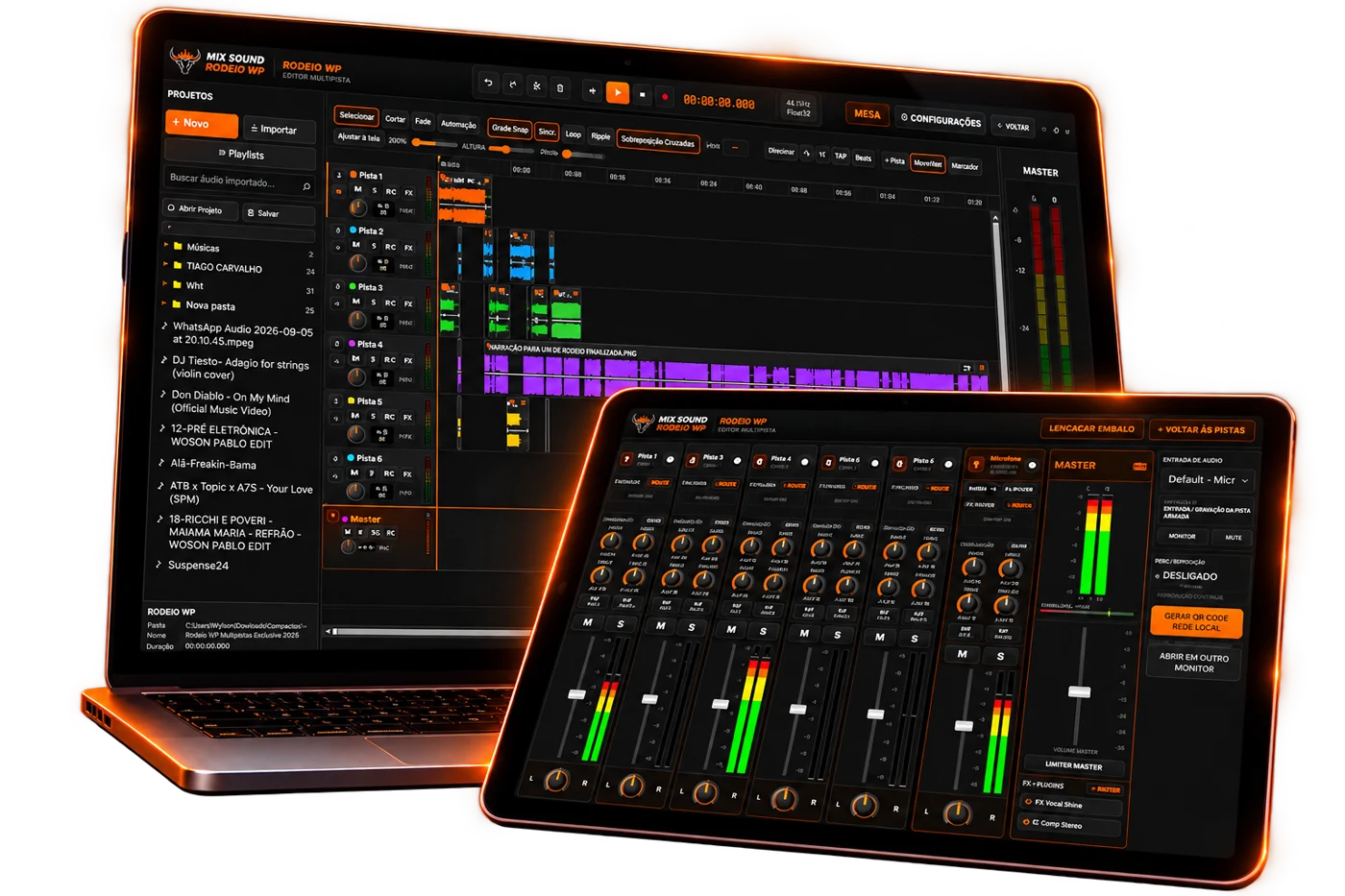 Editor multipista no notebook e mesa digital no tablet do Mix Sound Rodeio