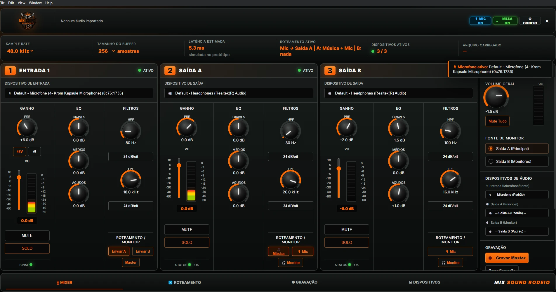 Mesa digital - mixer com entrada, saída A e saída B